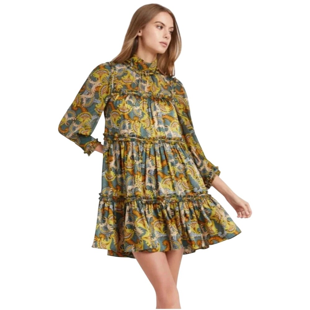 Cinq A Sept Brady Dress 2 Multicolor Paisley Ruffle High Neck Mini Long Sleeve